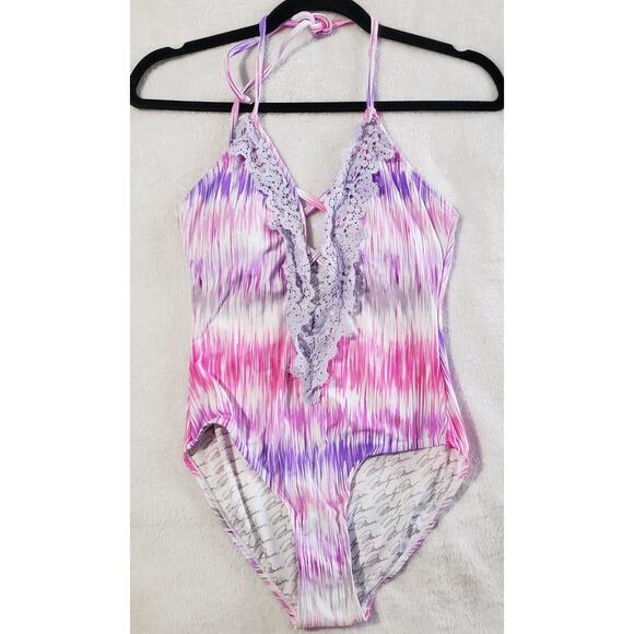 Marilyn Monroe One Piece SwimSuit Women's Small Purple Pink Lace Deep V Halter - Picture 1 of 7
